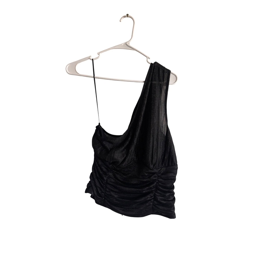 Anthropologie Black Glitter One Shoulder Ruched Meshā Tank Top Size M
